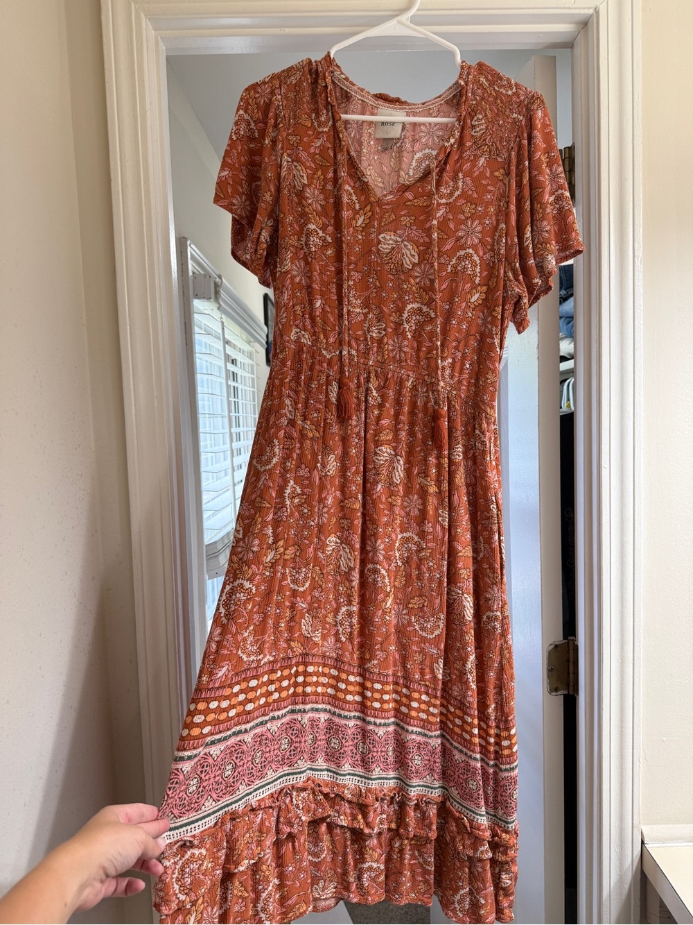 Boho Floral Rust Midi Dress with Tie Neck